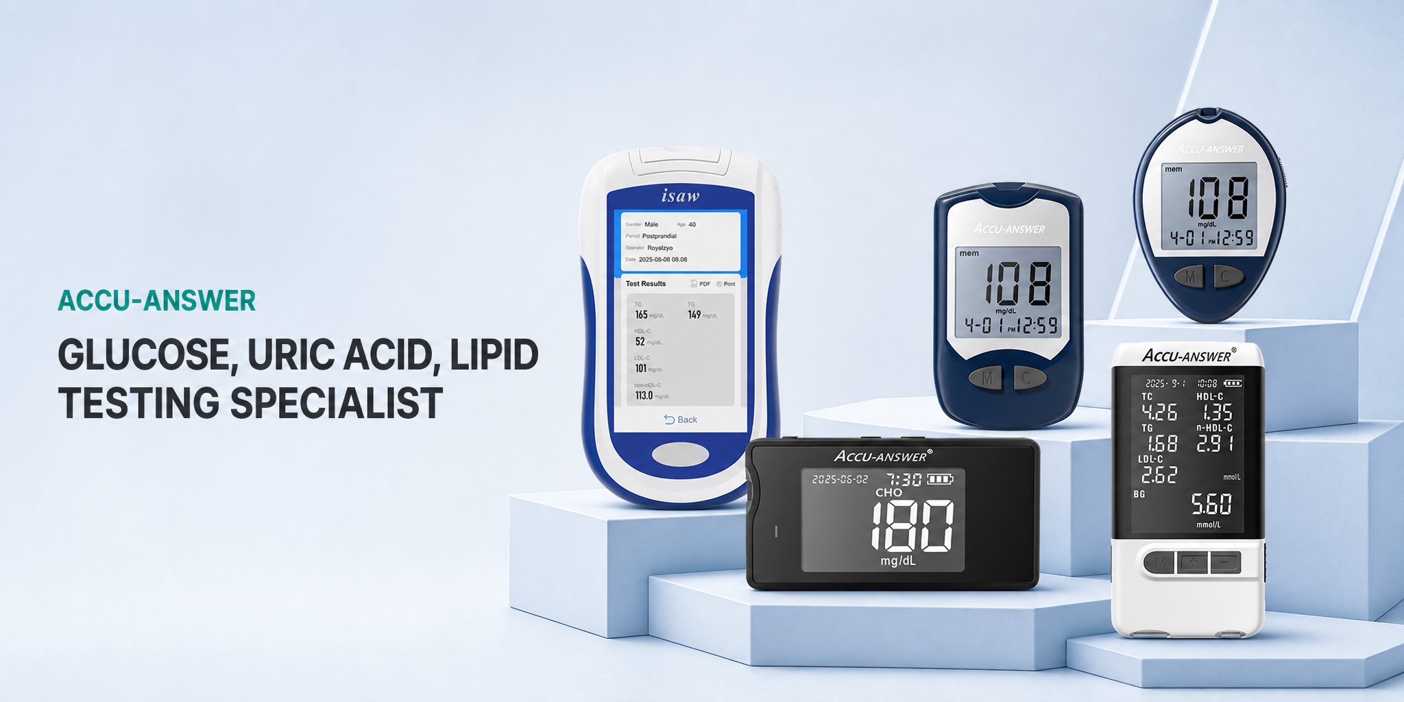 ACCU-ANSWER glucose and lipid testing banner with five monitoring instruments arranged on a blue display platform