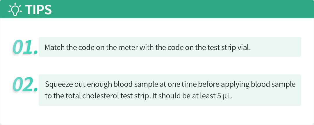 LBM-01 tips: match the meter and test-strip vial codes; squeeze out at least 5 µL of blood before applying a total cholesterol sample